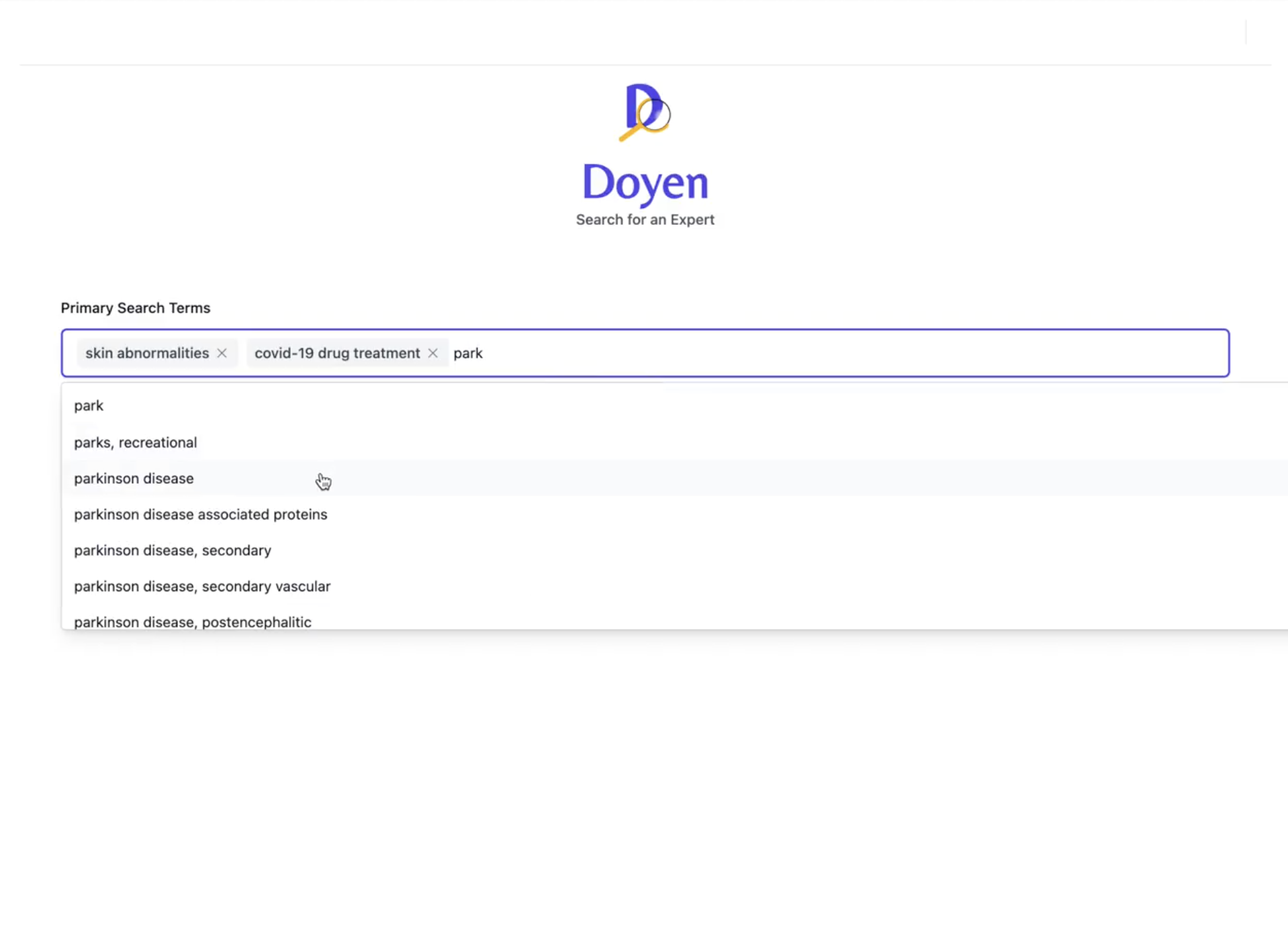 Doyen Client platform interface showing expert search and matching system for Harvard and Pfizer research