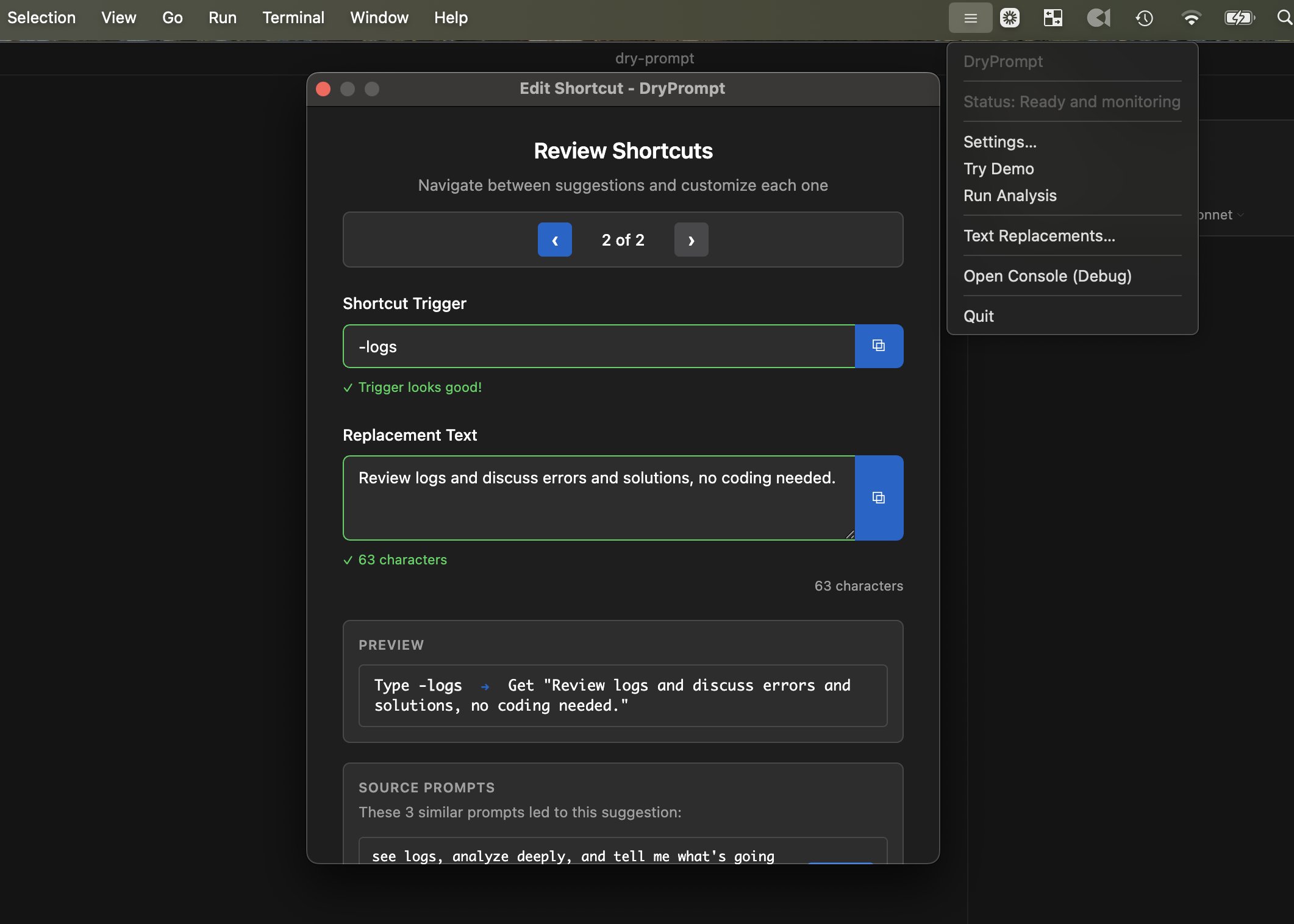 Dry Prompt desktop application showing AI-powered keyboard shortcut generation and system tray integration