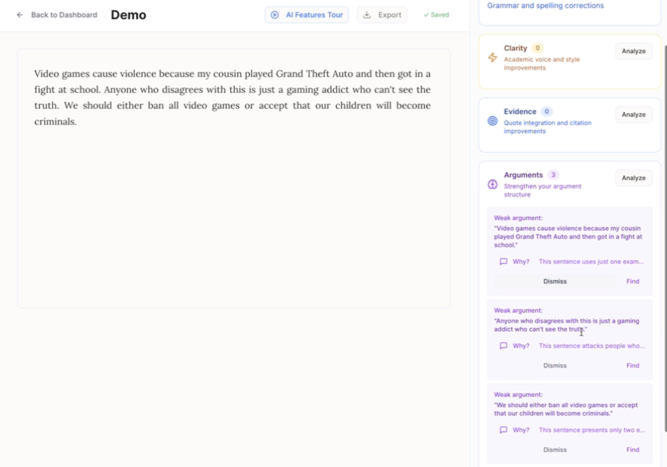 Essay Elevate interface showing AI writing coaches providing real-time feedback on academic writing