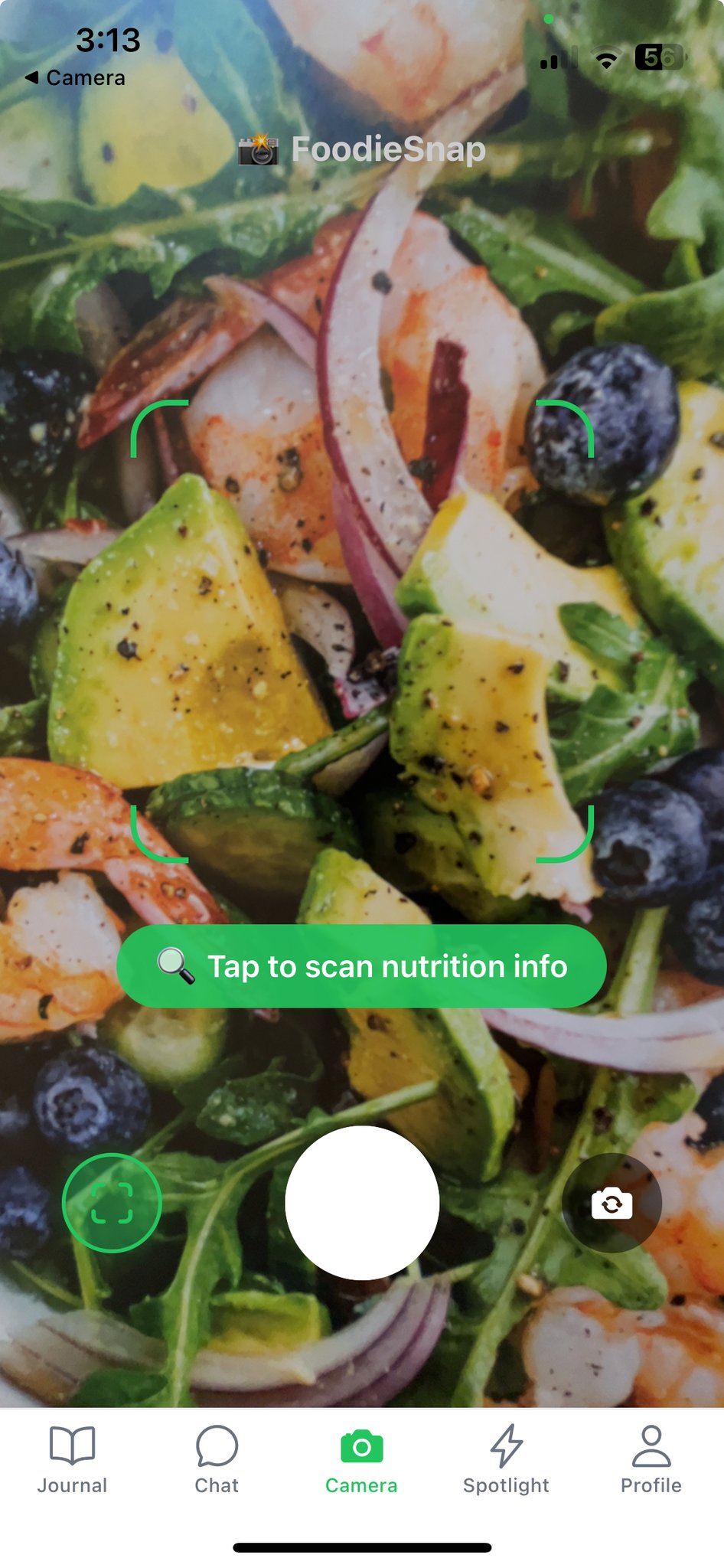 Foodie Snap mobile app showing AI-powered food scanning, nutrition analysis, and social sharing features