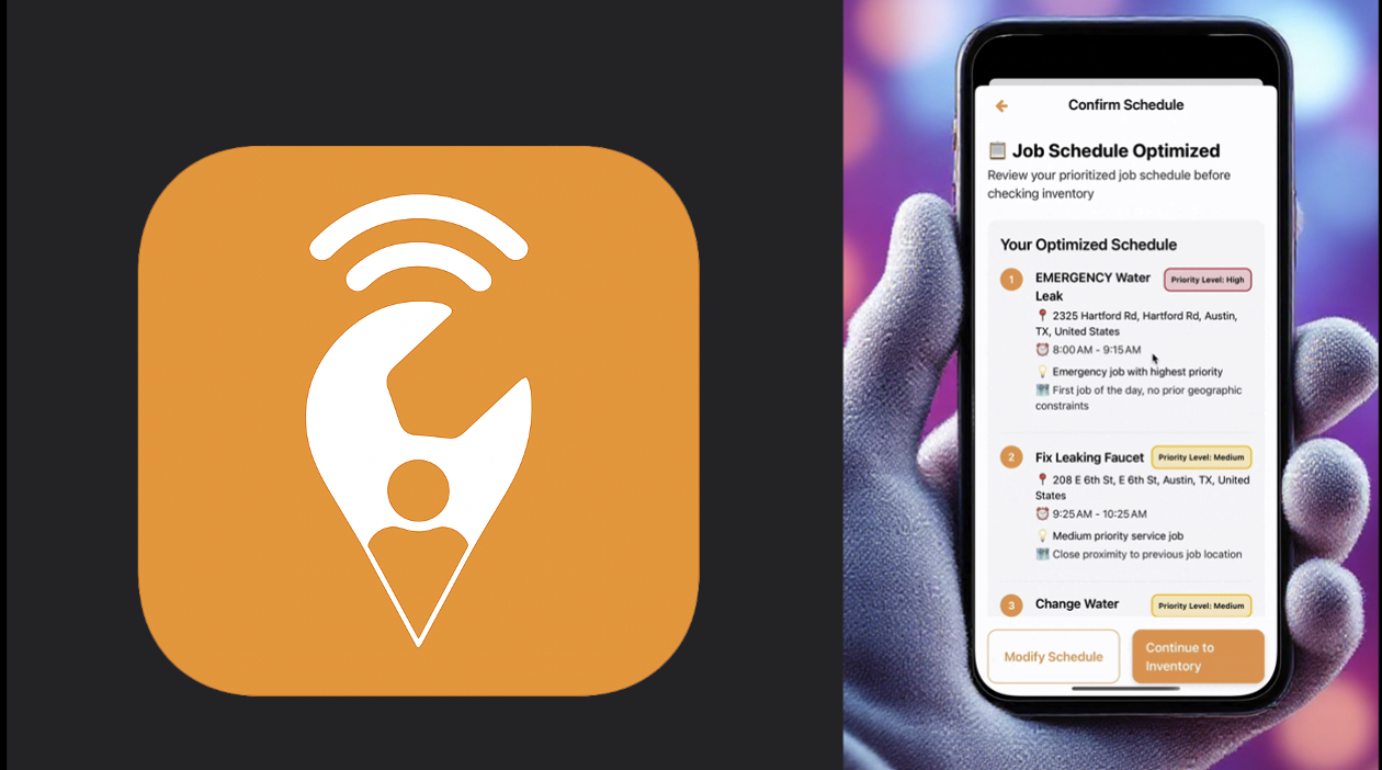 TradeFlow AI Mobile interface showing AI-optimized job prioritization and route optimization dashboard