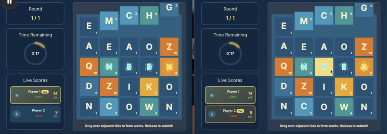 Word Rush game interface showing real-time multiplayer word game with competitive scoring and social features